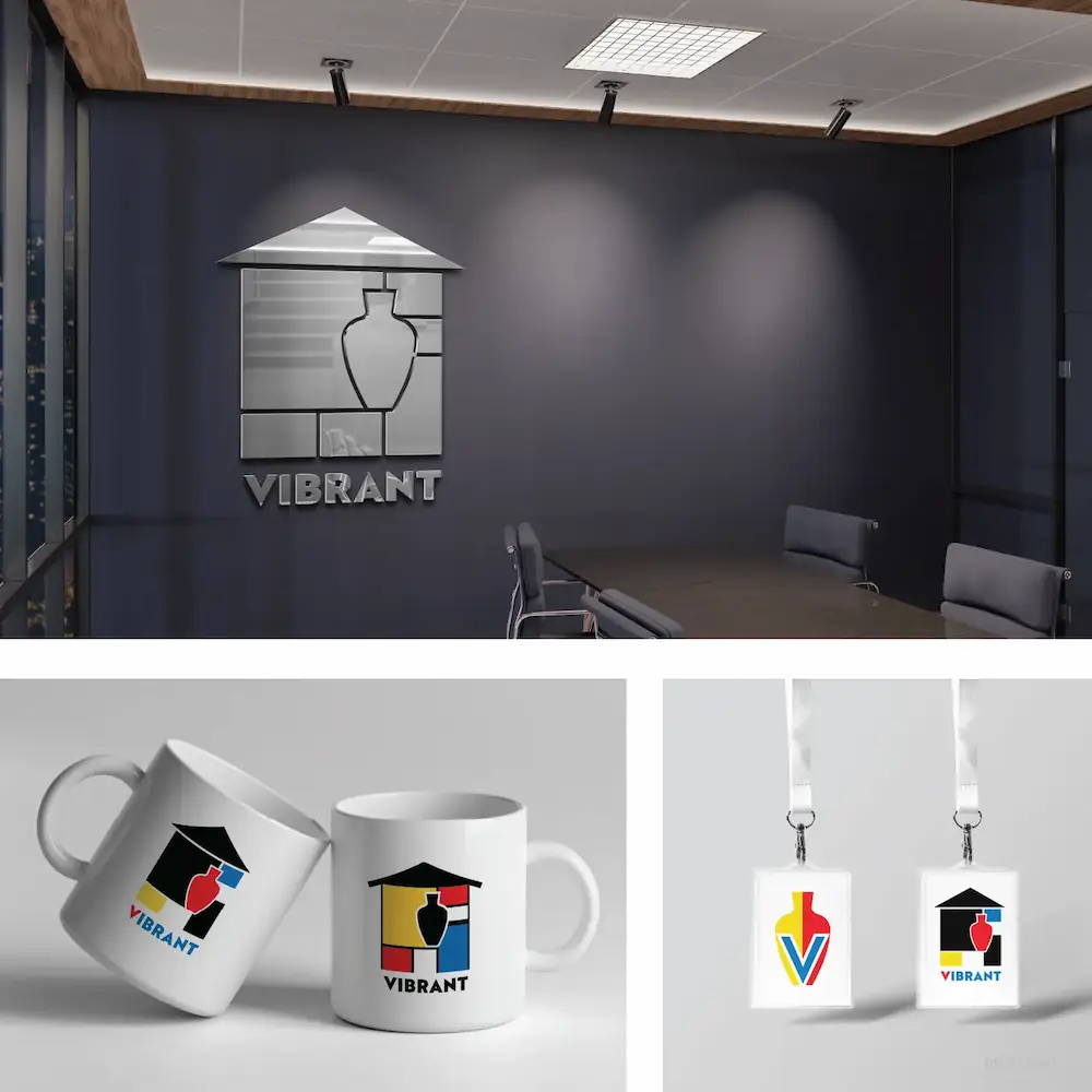 Alternative logo marks and spatial branding variations for Vibrant Interiors